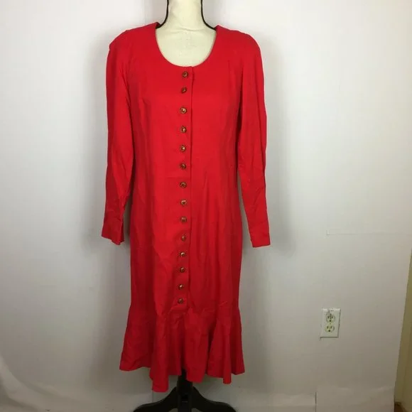 Liz Claiborne | Dresses | Vintage Liz Claiborne Dress Sz 2 Womans Red Rayon  Ruffle Hem Long Sleeve Button | Poshmark